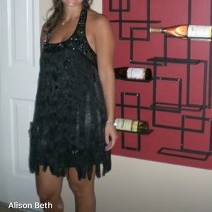 Bebe embellished, fringe skirt party dress